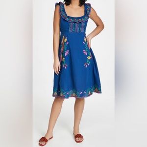 Farm Rio “Cross Stitch Embroidered Midi Dress” Blue